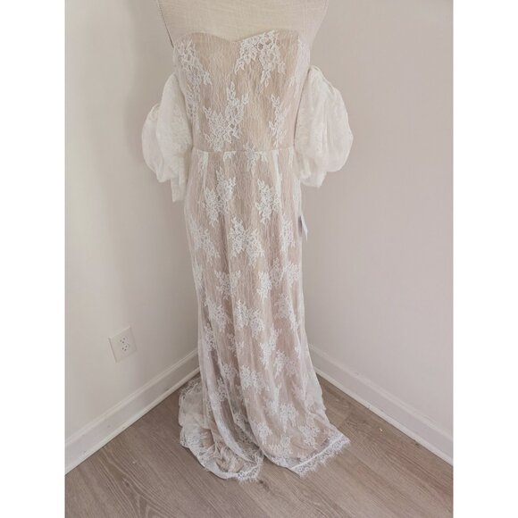 Lulus Wedding Loving Beauty White Lace Puff Sleeve Off The Shoulder Maxi Dress L - Picture 4 of 13